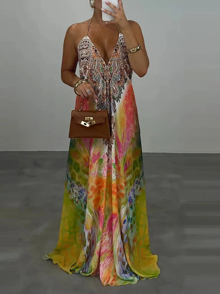 Casual High Waist Evening Party Dress Sexy V-neck Backless Sleeveless Vacation Robes Elegant Bohemian Printed Women Loose Dress Secondary image