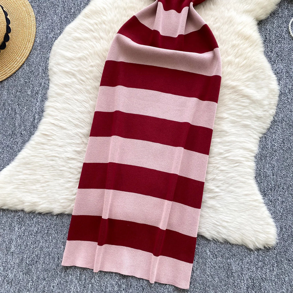 Lady New Stripes Ins Fashion Sexy Package Hips Bodycon Dress  Summer Knitted Spaghetti Straps Outfits Maxi Long Women Dress