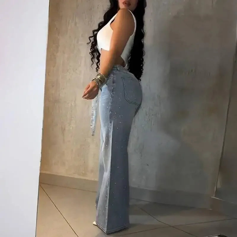 2026 Women Jeans Straight Diamonds Pants Y2k Streetwear Elegant High Waist Washed Belt Loose Wide Leg Denim Trousers Bottoms