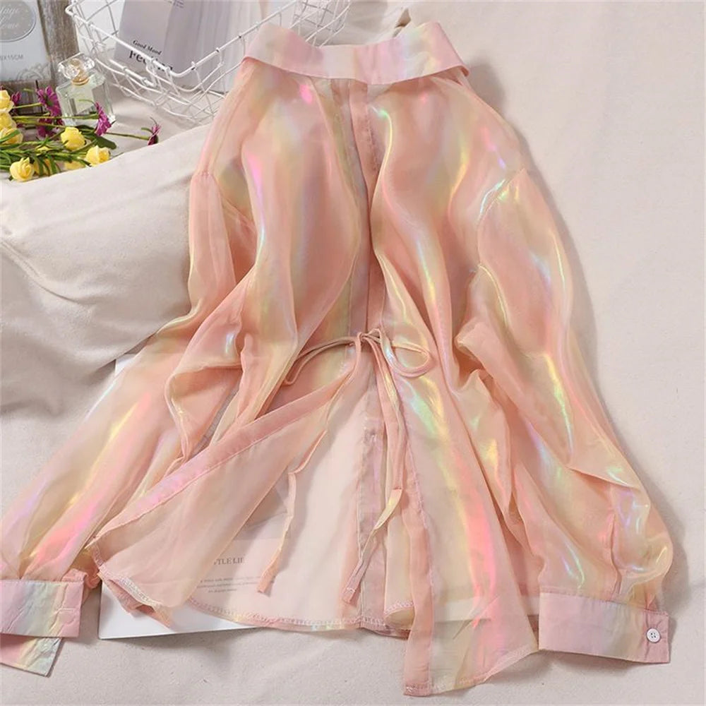 Rainbow Loose Women Tops Shirts Colors Glossy Thin Blouse Fashion Korean Long Sleeve Summer Beach Cute Ladies Tops Summer Casual Secondary image