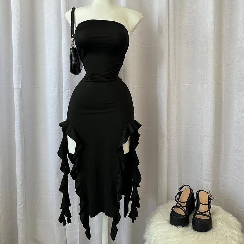 Women Strapless Sexy Floral Fold Hemline High Slit Mini Dress  2026 Solid Backless Sleeveless Black And Pink Party Dress Vestidos