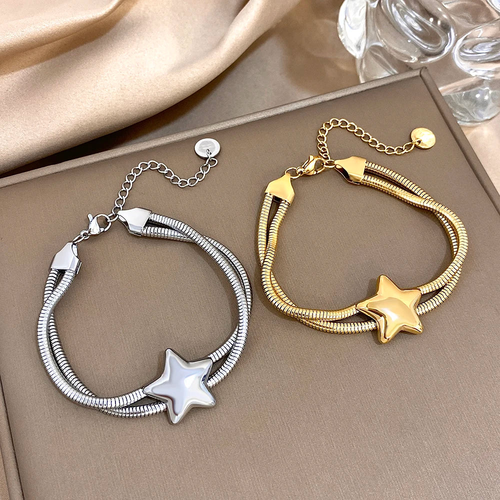 Vintage Doubelayer Stainless Steel Elastic Bracelet Glossy Star Gold Silver Color Chunky Chain Bracelets Waterproof Jewelry Secondary image