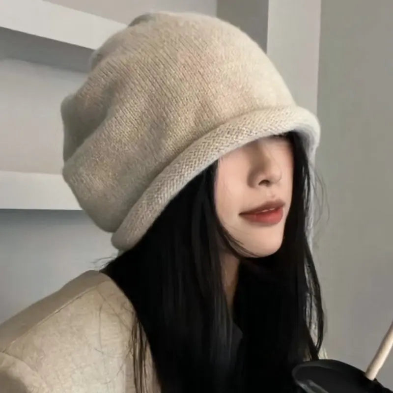Fashion Drawstring Baggy Slouchy Beanie For Women Autumn Winter Ear Warm Skullies Cap Solid Color Bonnet Girl Kintted Woolen Hat Main image