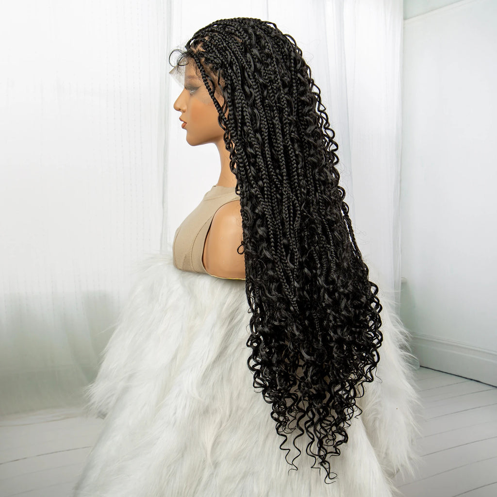 32inch Synthetic Boho Knotless Braided Wigs for Black Women Bohemian Box Braids Wigs Lace Front Braided Lace Wigs with Baby Hair