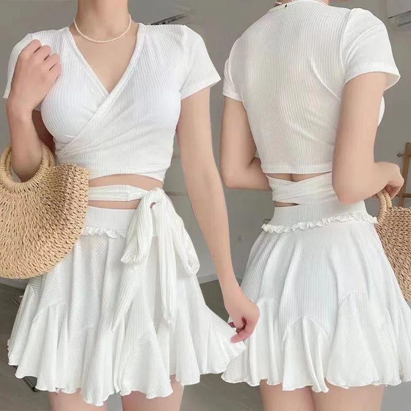 Women'sSwim Set Ribbed V Neck Wrap Crop Top With Tie Waist And Ruffled Flared Skirt Cover Up Modest Summer Bathing Suit Swimwear