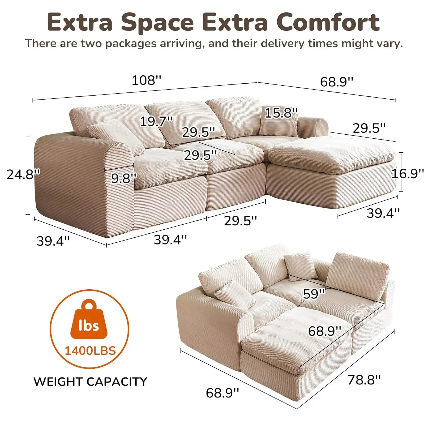 108" Boneless Cloud Sectional Couch for Small Living Room – L-Shape Modular Sofa with Ottoman, Deep Seat, Corduroy,, Customized Secondary image