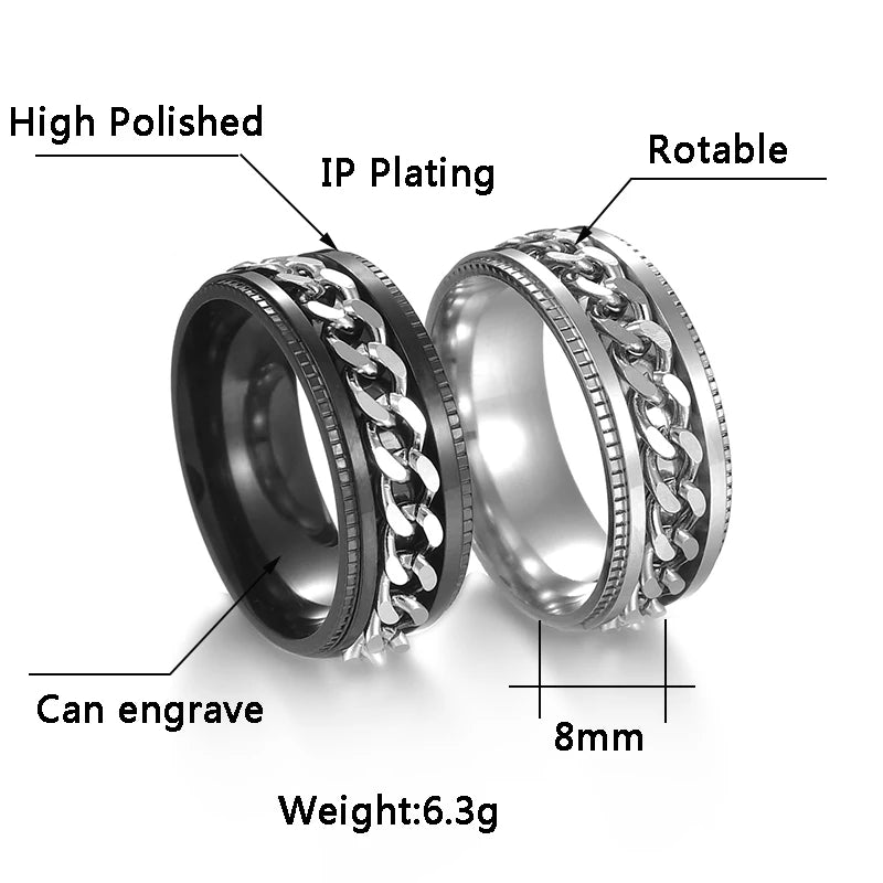 Cool Stainless Steel Rotatable Men Ring High Quality Spinner Chain Punk Women Jewelry for Party Gift Secondary image