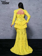 Yesexy Plus Size Elegant Beautiful Women Round Neck Long Sleeved Split Evening Gown Wedding Birthday Party Formal Occasion Dress
