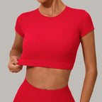 Gym Workout Yoga Fitness Sports Suit Short-sleeved Top Padded-free High-waisted Hip-lifting Trousers Outdoors Leisure Sportswear