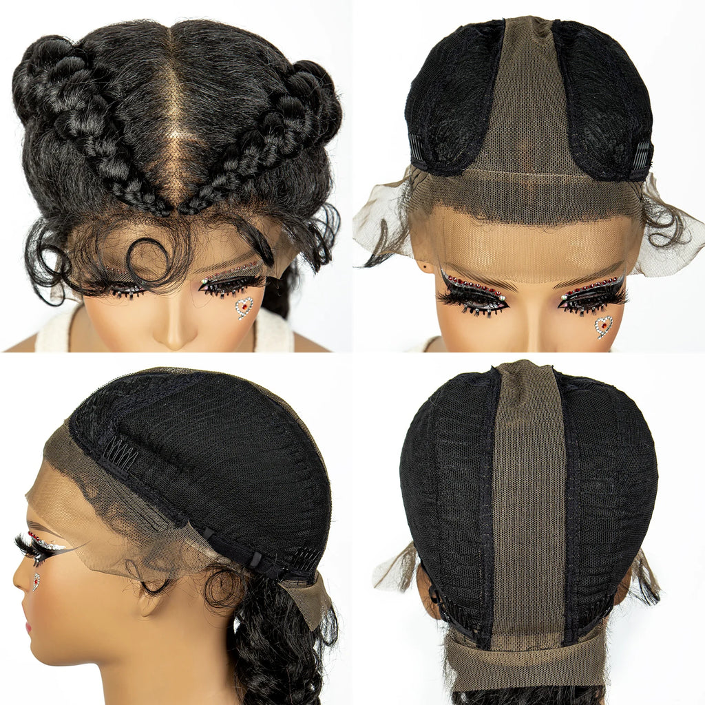 1B/30 Dark Brown Synthetic Lace Frontal Dutch Box Braided Wigs for Black Women Fishtail Braids Wigs with Baby Hair Cornrow Wigs