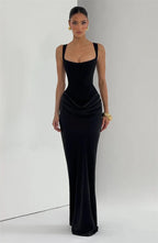 Mozision Elegant Backless Sexy Maxi Dress Women Gown Fashion Square Collar Sleeveless Skinny Ruched Club Party Long Dresses