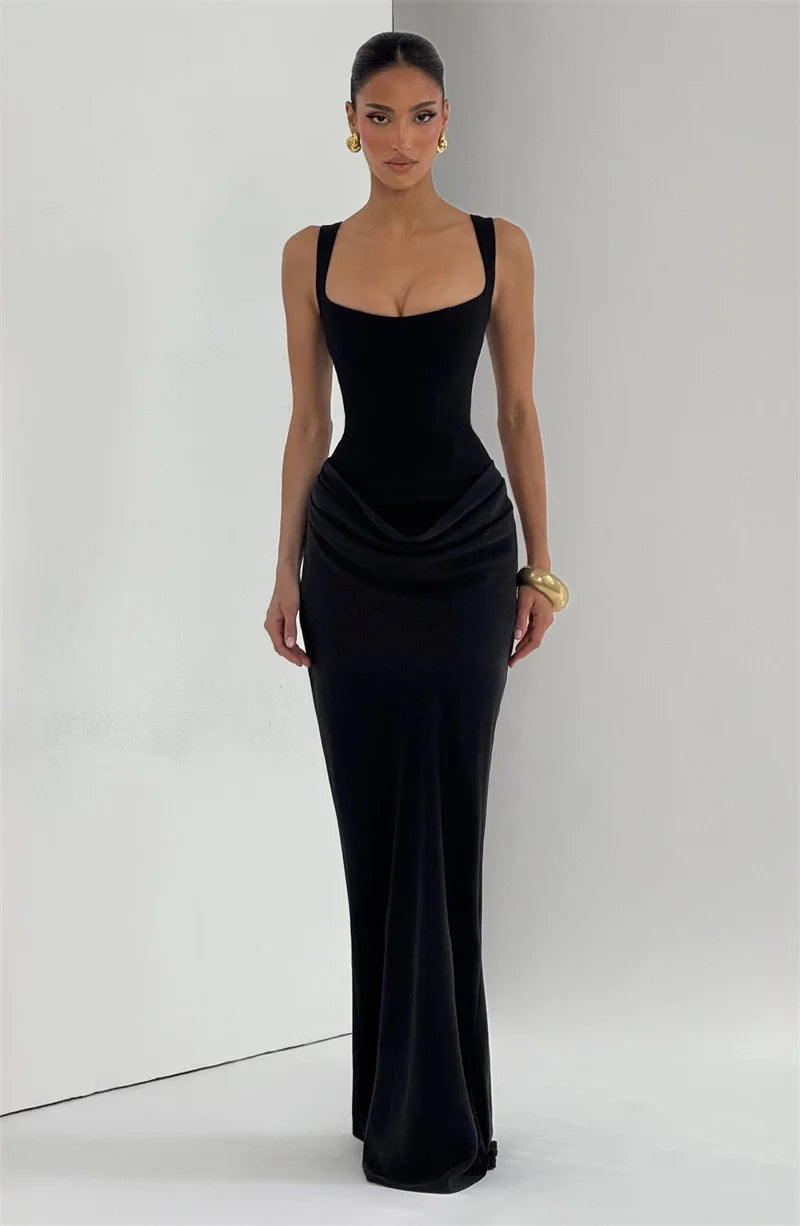 Mozision Elegant Backless Sexy Maxi Dress Women Gown Fashion Square Collar Sleeveless Skinny Ruched Club Party Long Dresses