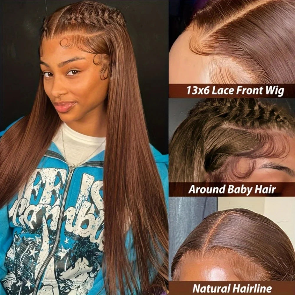 Chocolate Brown Body Wave Lace Front Wig Human Hair 220 Density Frontal Lace Wigs 30 Inch 13x6 HD Transparent Lace Human Wigs