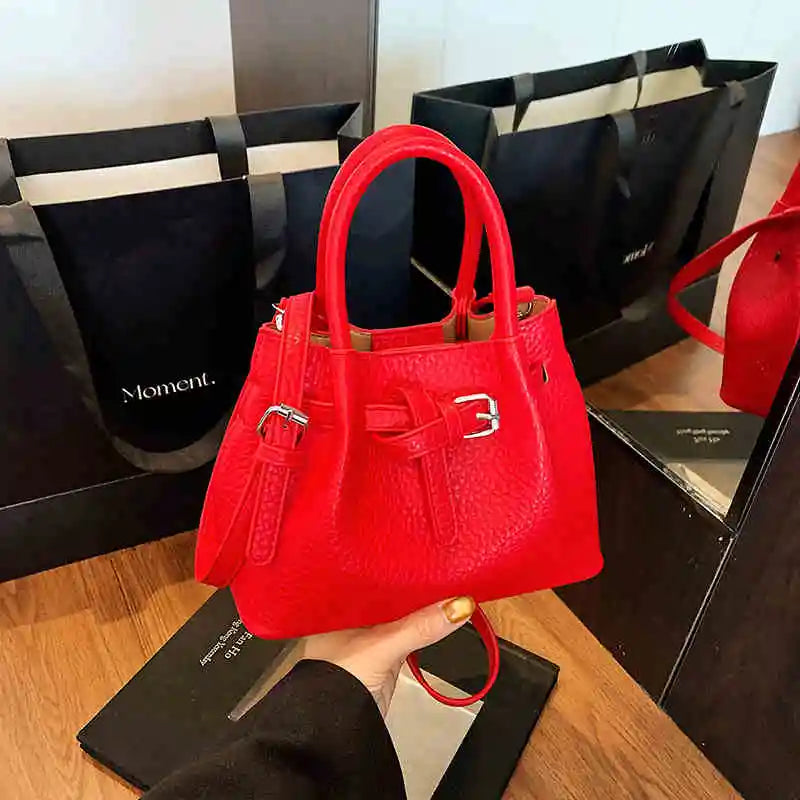 Fashion Red Bucket handbags Korean Casual Simple One Shoulder Bags Summer Female Temperament Versatile PU Crossbody Bag