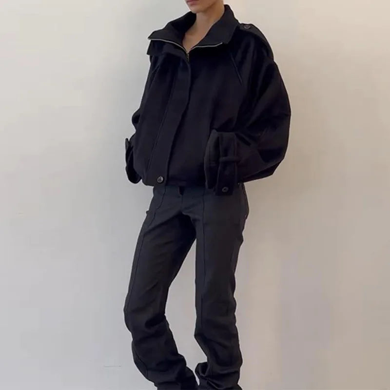 Casual Solid Loose Jackets Women Fashion Full Sleeve Single Breasted Stand Collar Short Coats Female 2025 Autumn Lady Outwears