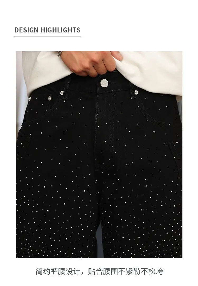 Spring/Summer Rhinestone Straight Leg Jeans Retro Loose Fit Slimming Pants Casual Korean Style Long Pants