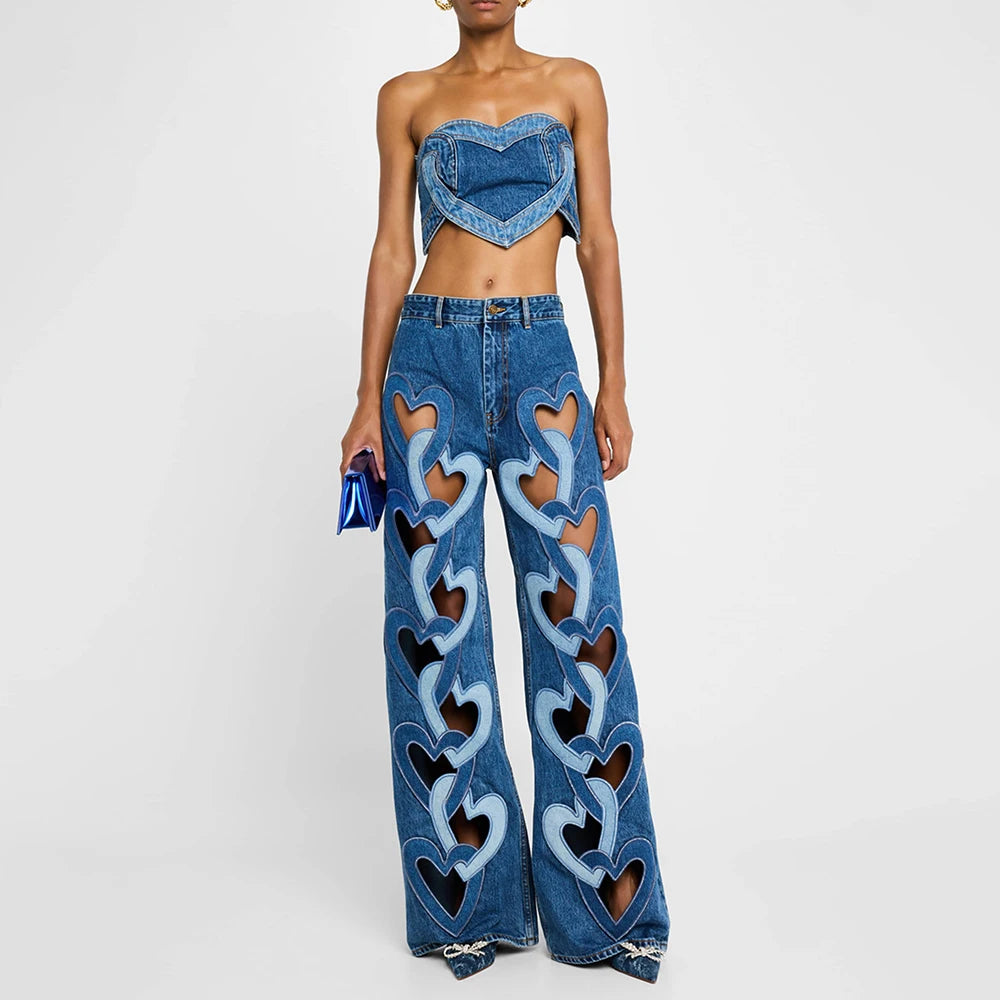 TWOTWINSTYLE Soild Two Piece Sets for Women Straplelss Sleeveless Vest High Wiast Patchwork Hollow Out Jeans Elegant Set Female