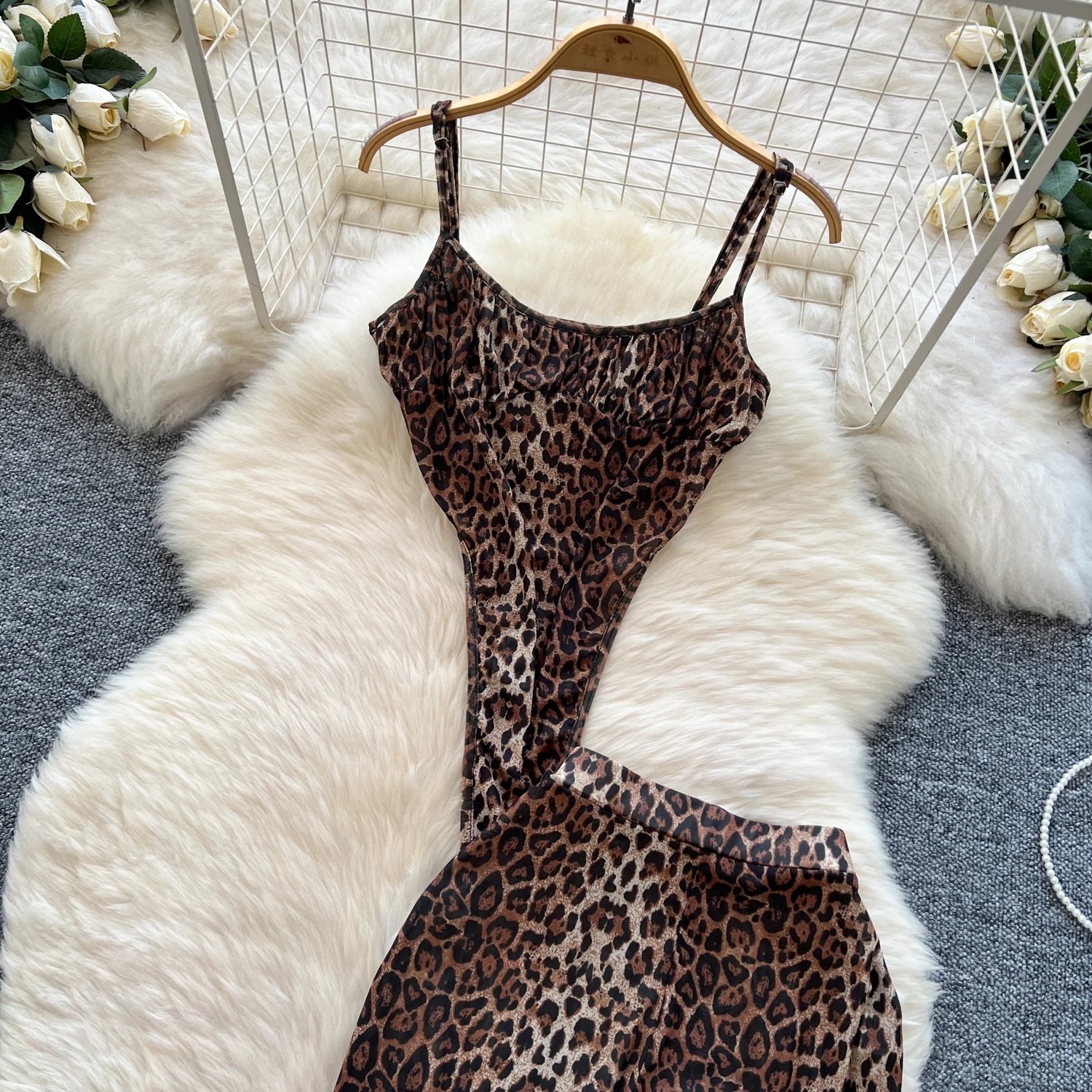 SINGREINY 2026 Newest Leopard 2pcs Suits Women Sexy Strap Tops+Elastic Waist Flared Pants American Ins Fashion Hotsweet Sets