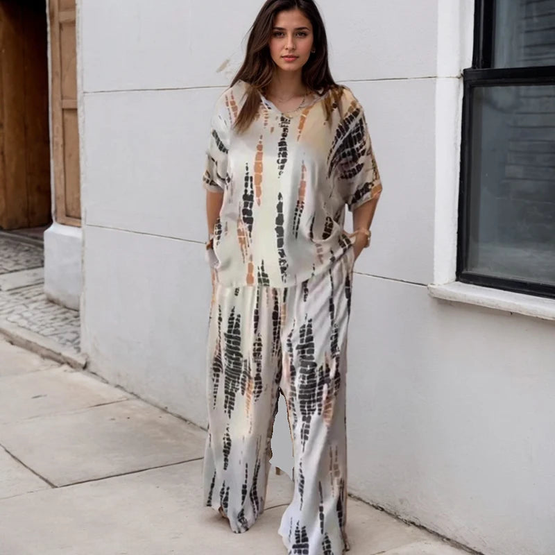 Vintage Women's Two Piece Set Outfits Fashion New Solid Print Loose Casual Round Neck Short Sleeve Top Wide Leg Long Pants Suit Main image