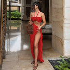 Women's Elegant Two Pieces Dresses Suits Flower Corset Top and High Slit Long Skirts Matching Sets Red Pink Vacation Outfit & 2026