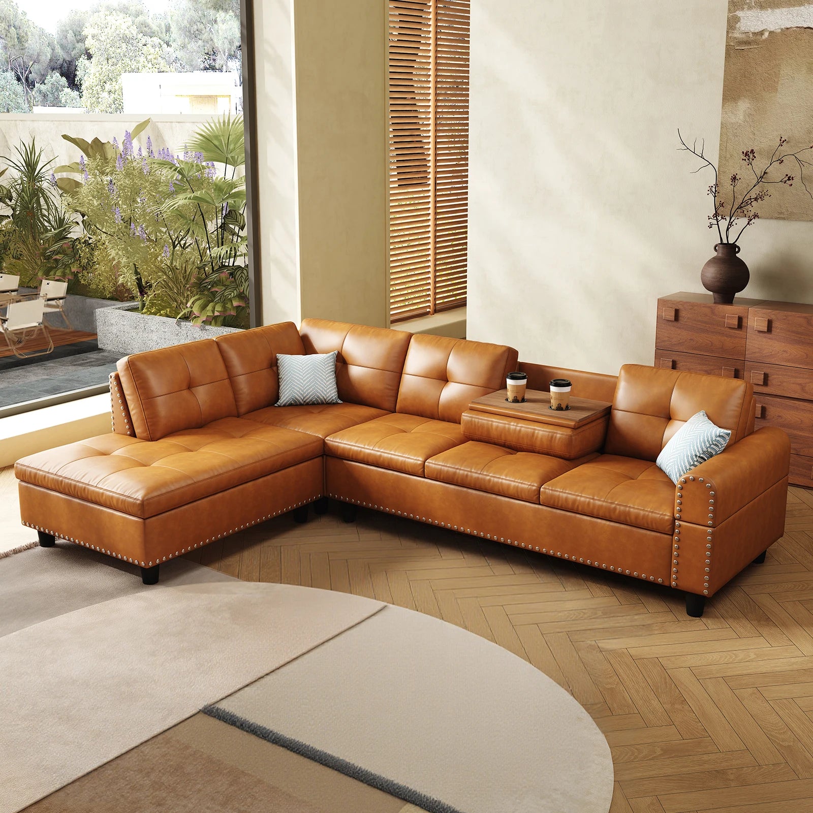 97.5" Faux Leather Sectional Sofa with Chaise Lounge, 2 Cup Holders & Pillows, 6-Seater Upholstered Tufting Corner,Stylish and C