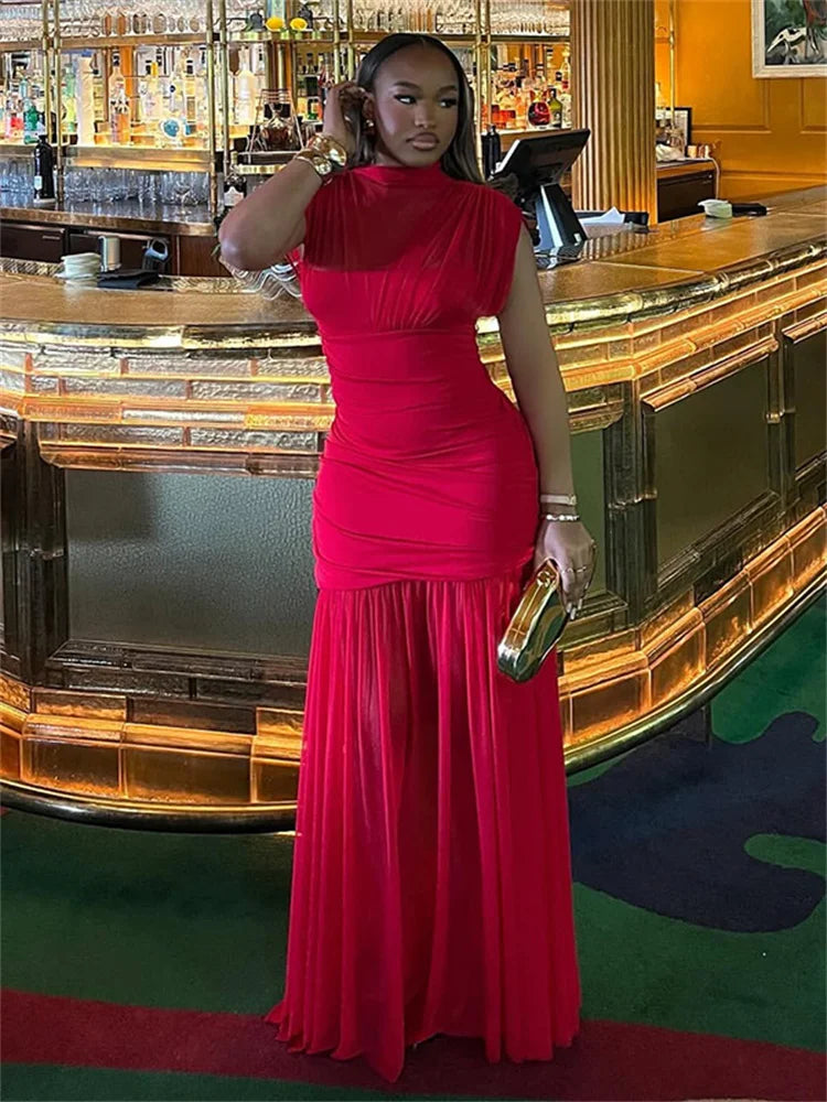 Kliou Mesh Patchwork Dress Woman Turtleneck Sleeveless Skinny High Waist Wrap Hip Midnight Prom Party Ruched Elegant Vestidos