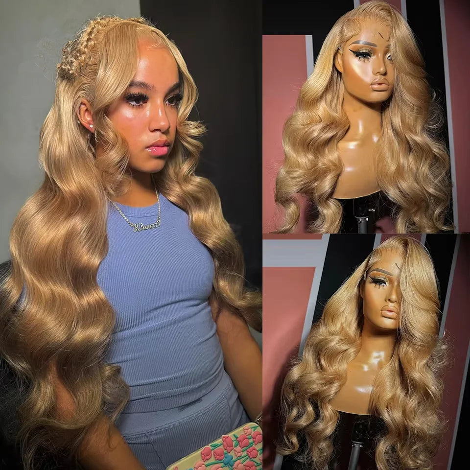 13x6 HD Body Wave Honey Blonde Lace Front Human Hair Wig For Women Colored #27 13x4 Transparent Lace Frontal Wigs Pre Plucked Secondary image