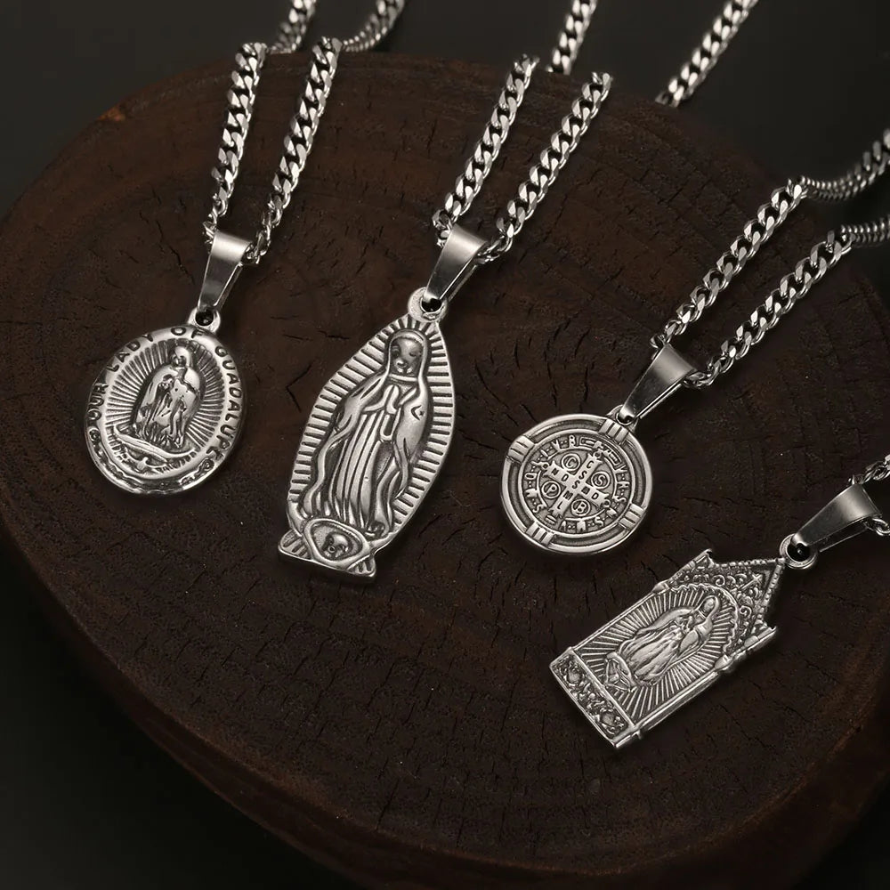 1PC Vintage Fadeless Stainless Steel Virgin Mary Necklace for Men Women Saint Benedict Medal Necklace Men Spiritual Jewelry Main image