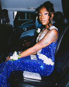 Royal Blue Sequin Mermaid Prom Dress with White Lace Applique Deep V Neck Long Train Formal Evening Gown for Graduation Party