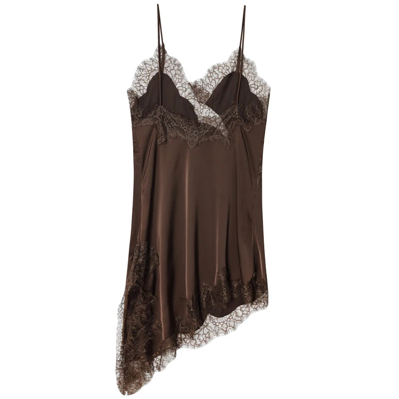 HXAO Womens Dresses Lace Asymmetric Slip Dress Summer 2026 Sexy Evening Dresses Ladies Mini Brown Sleeveless Backless Vestidos