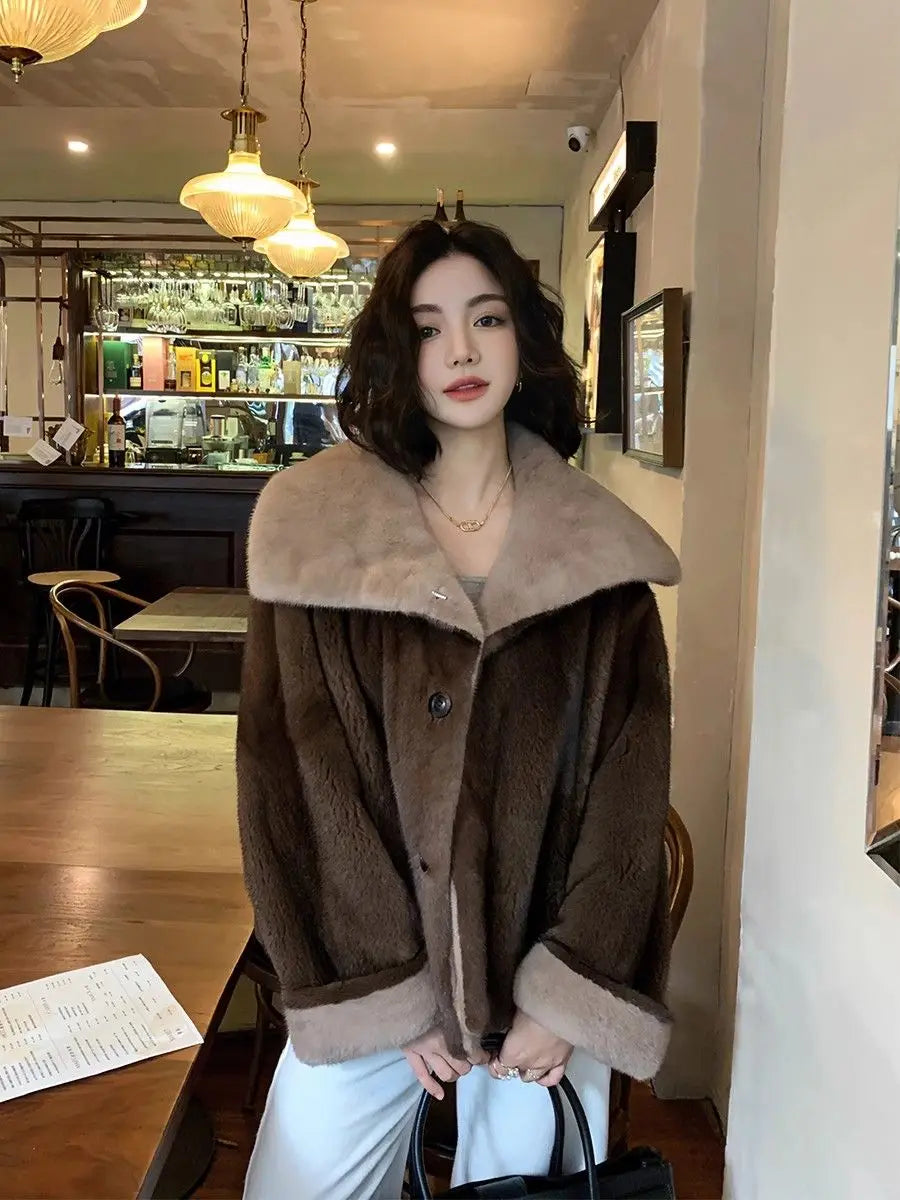 2025 New Coffee Colored Faux Mink Fur Spliced Lapel Fur Coat for Women Young and Loose Secondary image