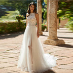 Customized Bohemian Wedding Dresses Lace Applique Halter Backless A Line Sleeveless Bridal Dress Tulle vestidos de novia 2026