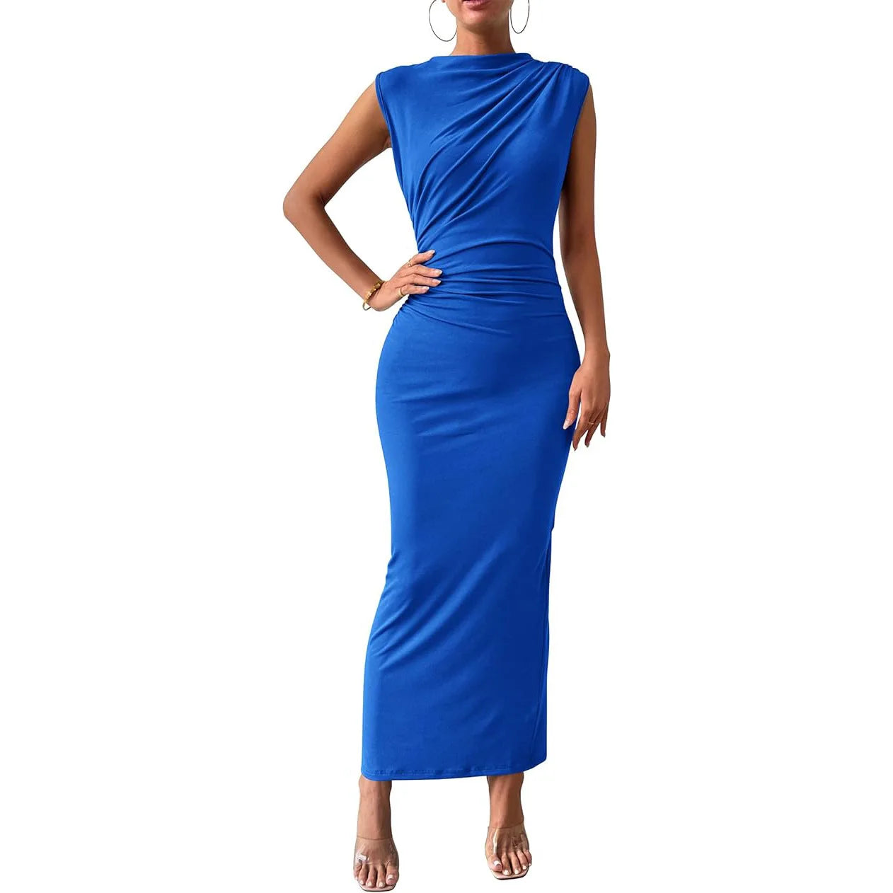 Women Plus Size Elegant Ruched Bodycon Dress Euro Sexy Sleeveless Layering Stretchy Coat Inner Party Outfit Fashion Basic Dress