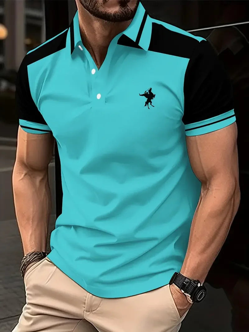Men's color blocked short sleeved lapel golf shirt with casual style slight elasticity regular summer loose fit golf Men shirt