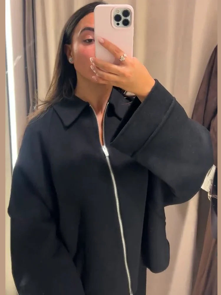 Woolen Zipper Loose Short Jacket Women Long Sleeve Lapel Solid 2025 Autumn Winter Commute Coat Street Office Warm Ladies Outwear Secondary image