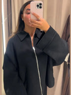 Woolen Zipper Loose Short Jacket Women Long Sleeve Lapel Solid 2025 Autumn Winter Commute Coat Street Office Warm Ladies Outwear