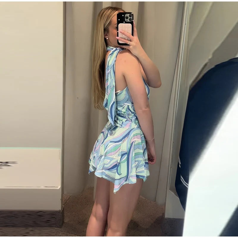 Swirl Print Women's Mini Dress Sexy Halter Neck Sleeveless Backless Ruffles Dresses Female 2026 Summer Fashion Beach Vestidos