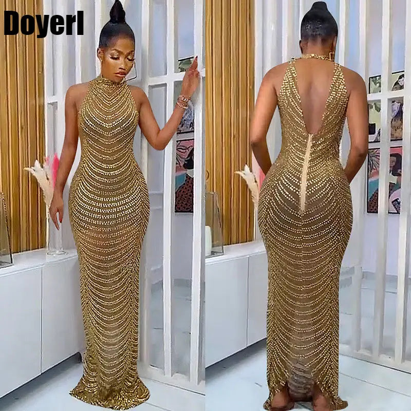 Sparkly Crystal Rhinestone Bodycon Maxi Dress Women Wedding Evening Backless Mesh See Through Night Party Club Birthday Dress Main image