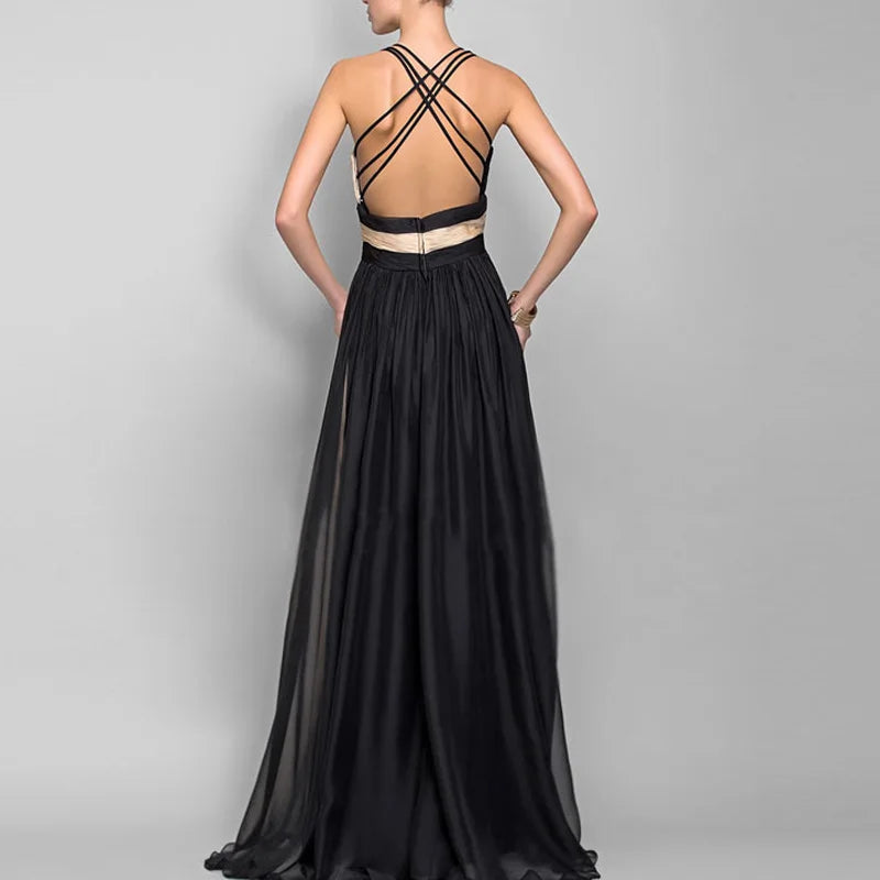 Party Dress Lady Chic Sleeveless Pleated Long Dress Elegant High Waist Evening Maxi Dress Women Fashion Gradient Patchwork Black