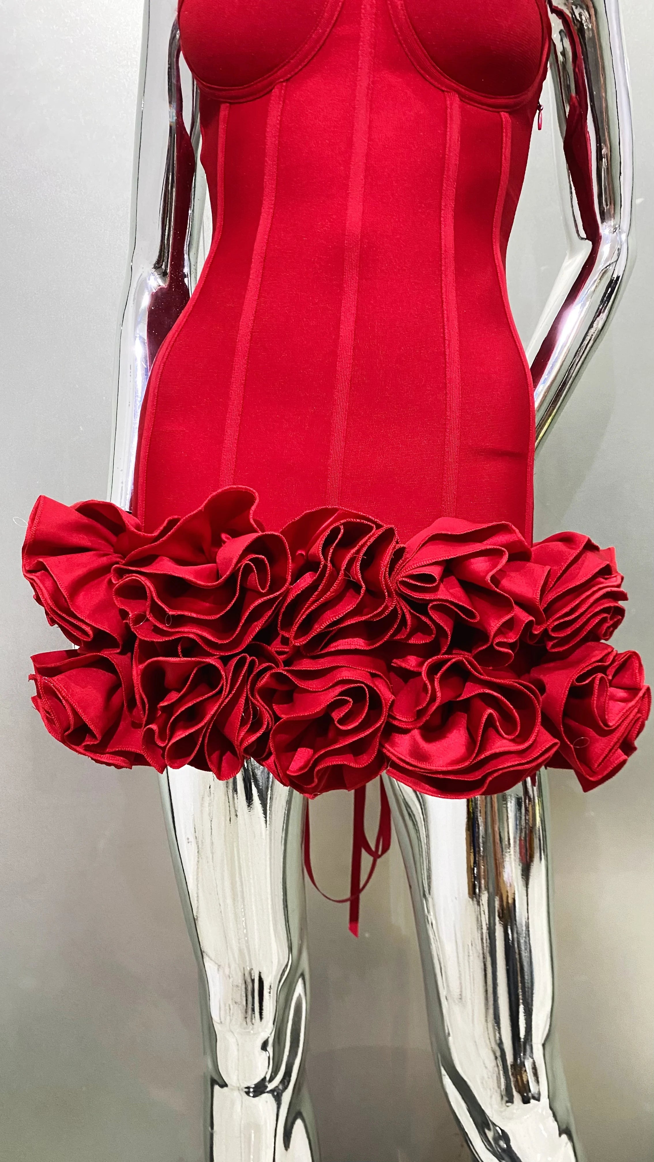 Stereoscopic Flowers Back Laceing Strapless Red Bandage Mini Evening Dress Sweet Woman Birthday Party Dress Performance costume