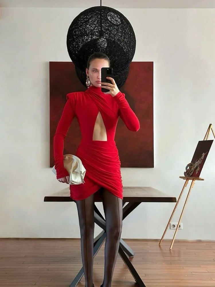 Sexy Hollow-out Pleated Mini Dress Women Fashion Solid Half High Collar Long Sleeve Slim Dresses 2025 Lady Party Club Robes Secondary image