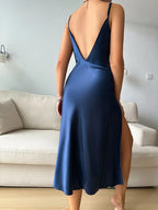 Women's Elegant Solid Satin Nightdress Slim Strap High Slit Lightweight Luxurious Loungewear