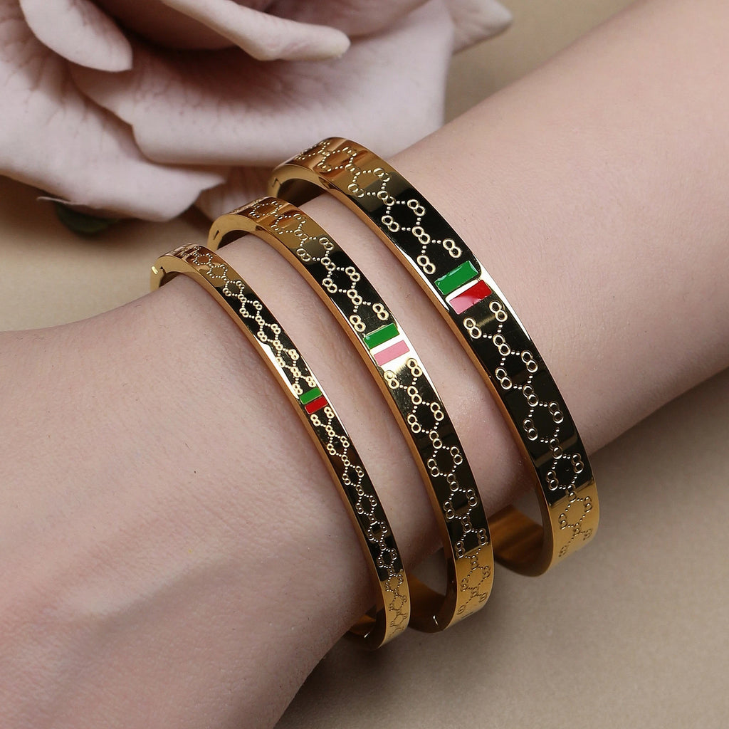 18 K Gold Plated Stainless Steel  55 MM Red/Green Bangles  , Fashionable Jewelry For Men And Women Wholesale