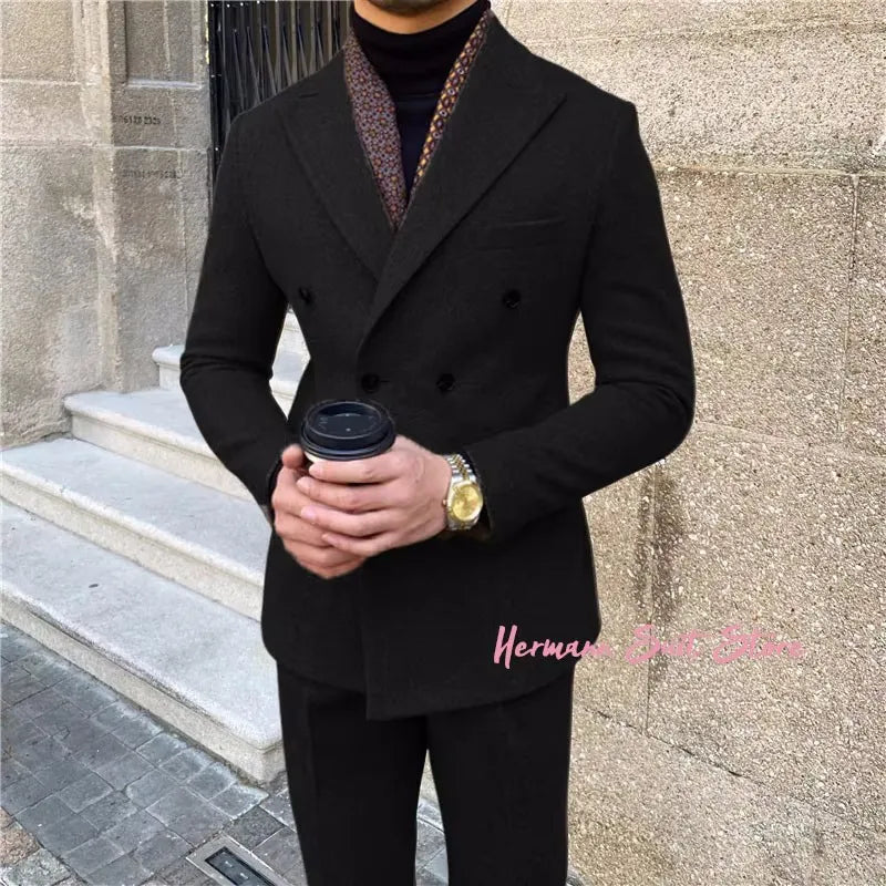 Wool Blend Men's 2 Piece Suit Set（Jacket+Pants) Double Breasted Lapel Suit Set Wedding Prom Dinner Wrok Travel Dinner Banquet