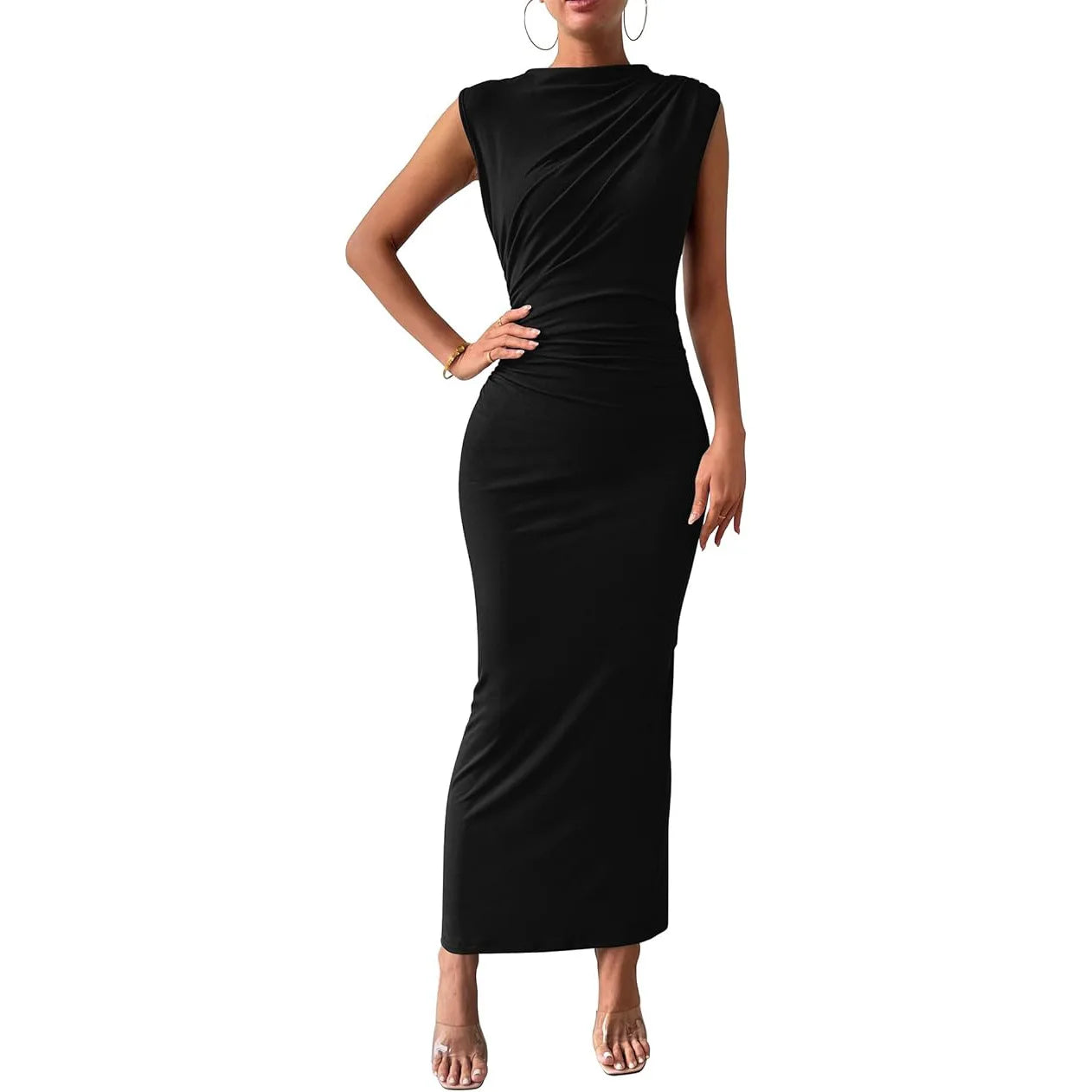 Women Plus Size Elegant Ruched Bodycon Dress Euro Sexy Sleeveless Layering Stretchy Coat Inner Party Outfit Fashion Basic Dress