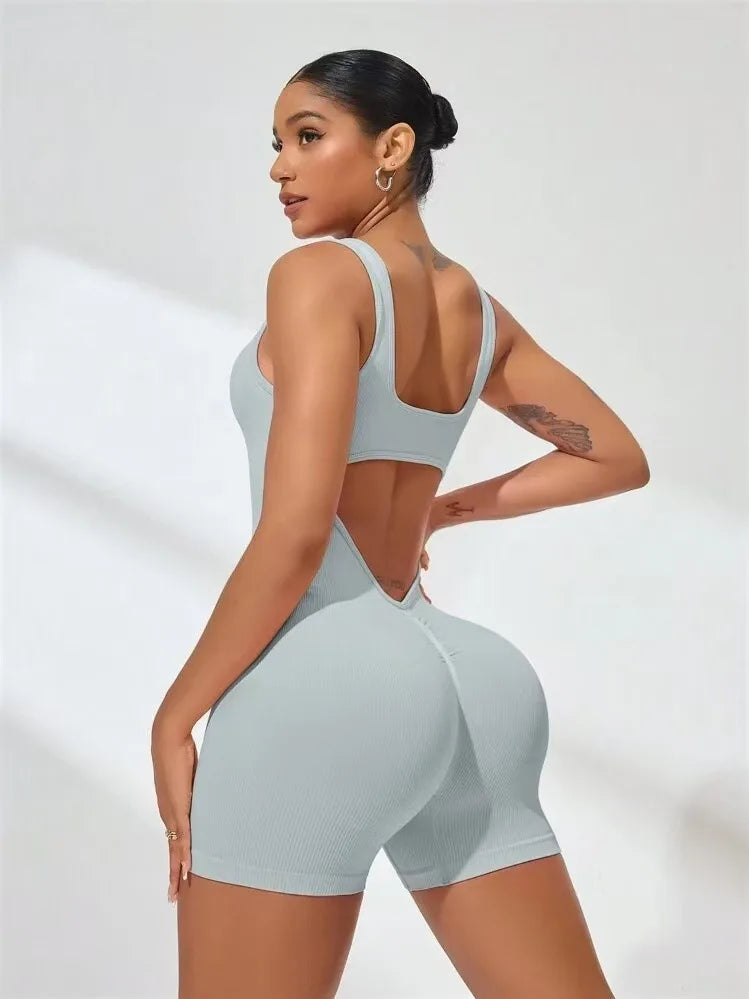 Sexy Backless Women Yoga Rompers U Neck Sleeveless Threaded Jumpsuit Solid Color Elastic Bodysuit Without Bust Pads Streetwear