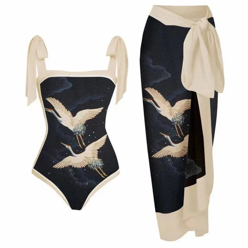 Fashion Women Cover Swimsuit Retro Print Gorgeous One-Piece Suit with Swimwear Beach Casual Swimwear Skirt That Wraps Hips