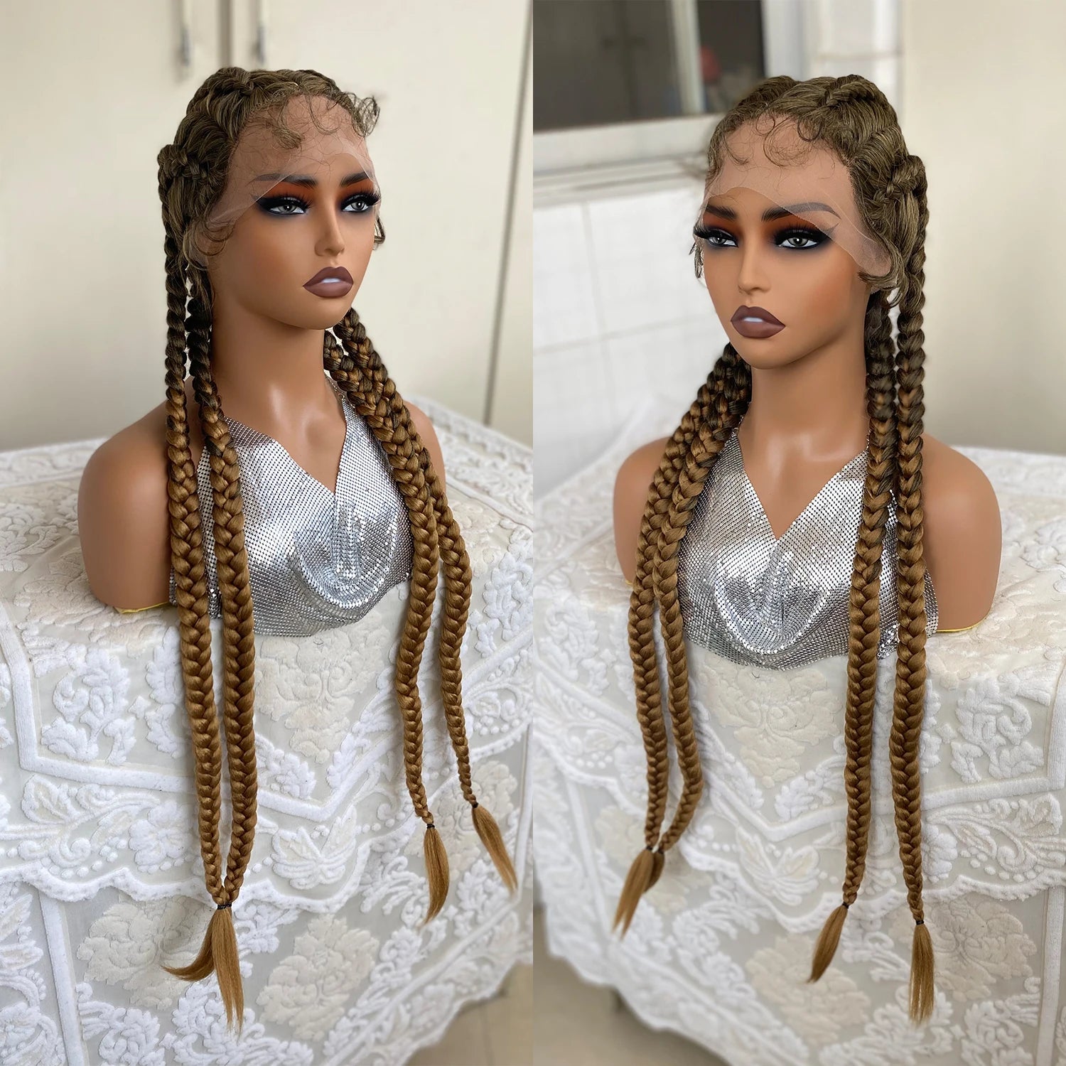 Synthetic Lace Front Wig Braided Wigs With Baby Hair 32 Inches 4 Twist Cornrow Braids Cosplay DIY Wig Synthetic Crochet Braids