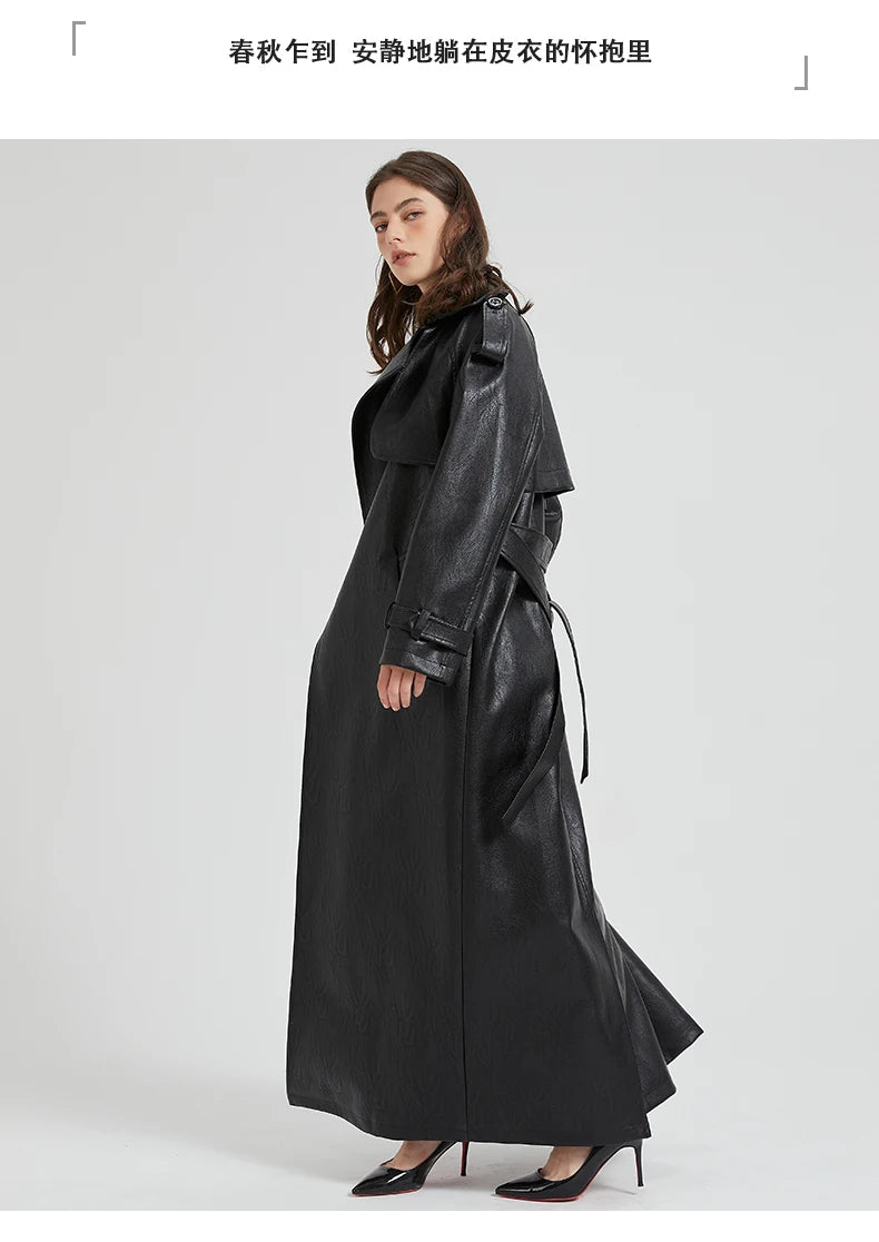Lautaro Spring Autumn Extra Long Brown Pu Leather Trench Coat for Women Sashes Luxury Chic Overcoat Runway European Fashion 2024