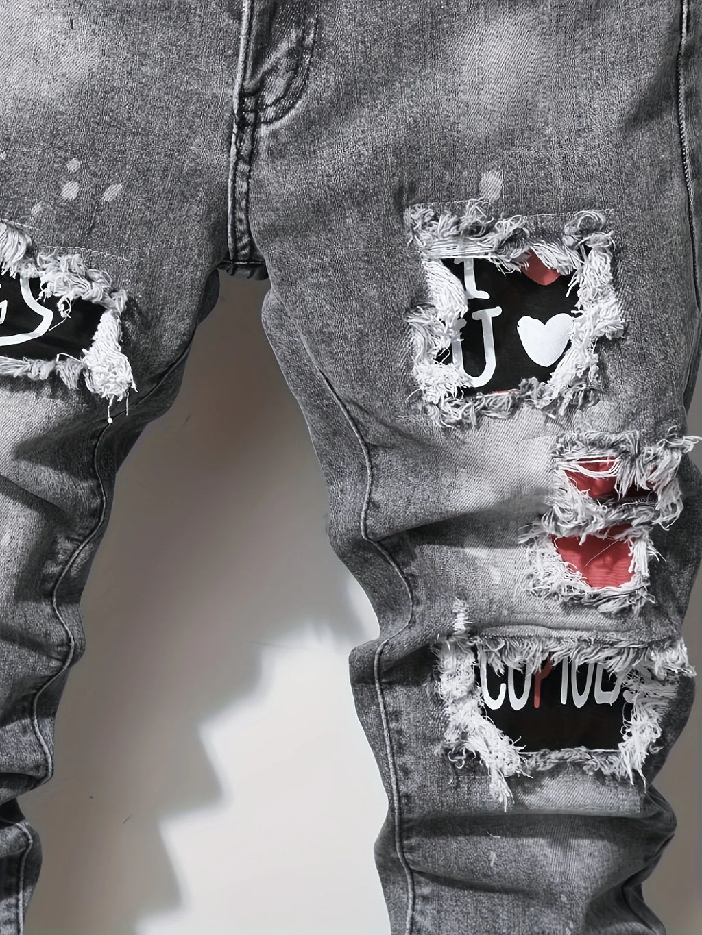Men's slim fit ripped long denim pants, tight jeans with pockets, side straps, and zippers, men's jogging pants, ripped stretch